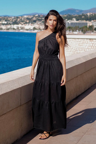 Eve One Shoulder Linen Dress - Black