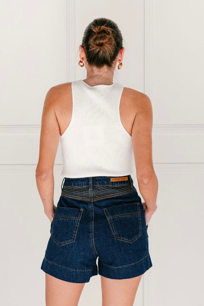 Abbie Grace Contrast Stitch Short - Dark Blue Denim
