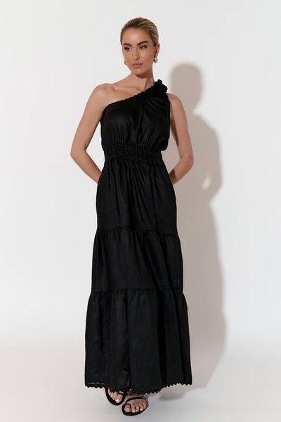 Eve One Shoulder Linen Dress - Black