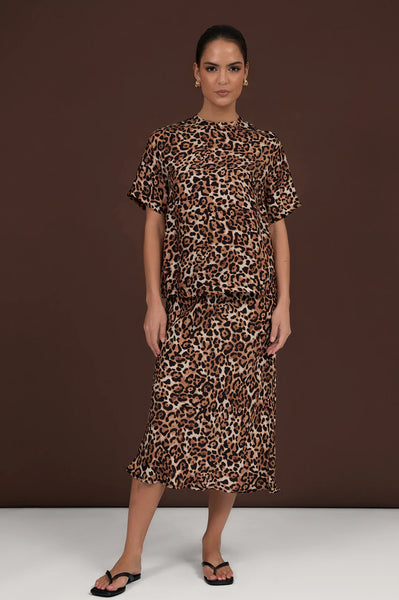 Mae Luxe Leopard Cupro Midi Skirt - Leopard