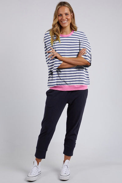 Mazie Stripe Ringer Sweat - Navy/White Stripe/Neon Pink Trim