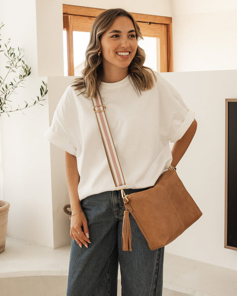 ~ LOUENHIDE Daisy Stripe Crossbody Bag - Camel