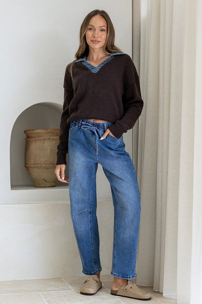Suzanna Denim Collar Knit - Chocolate