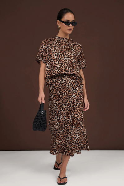 Mae Luxe Leopard Cupro Midi Skirt - Leopard