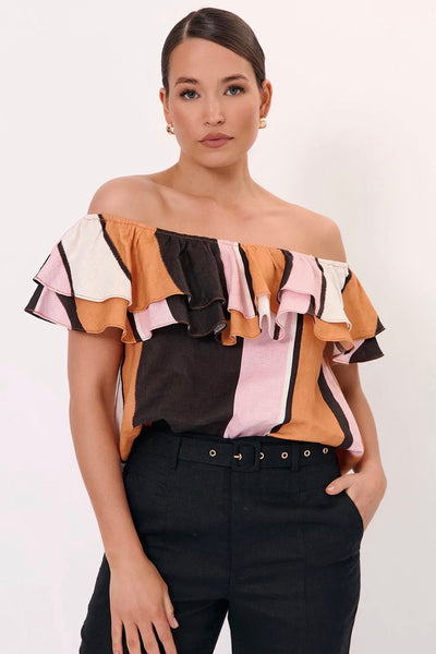 Serena Linen Frill Top - Stripe