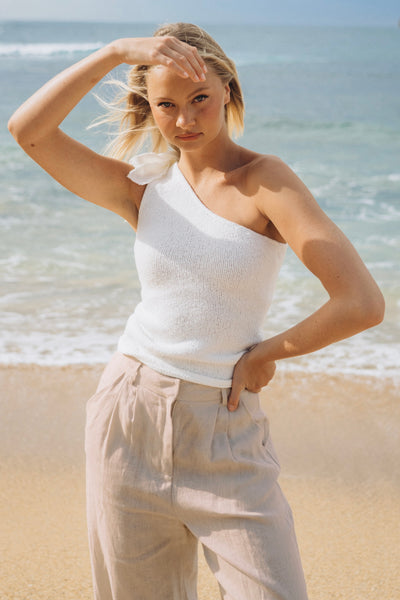 Aanya One Shoulder Bow Knit Top - White