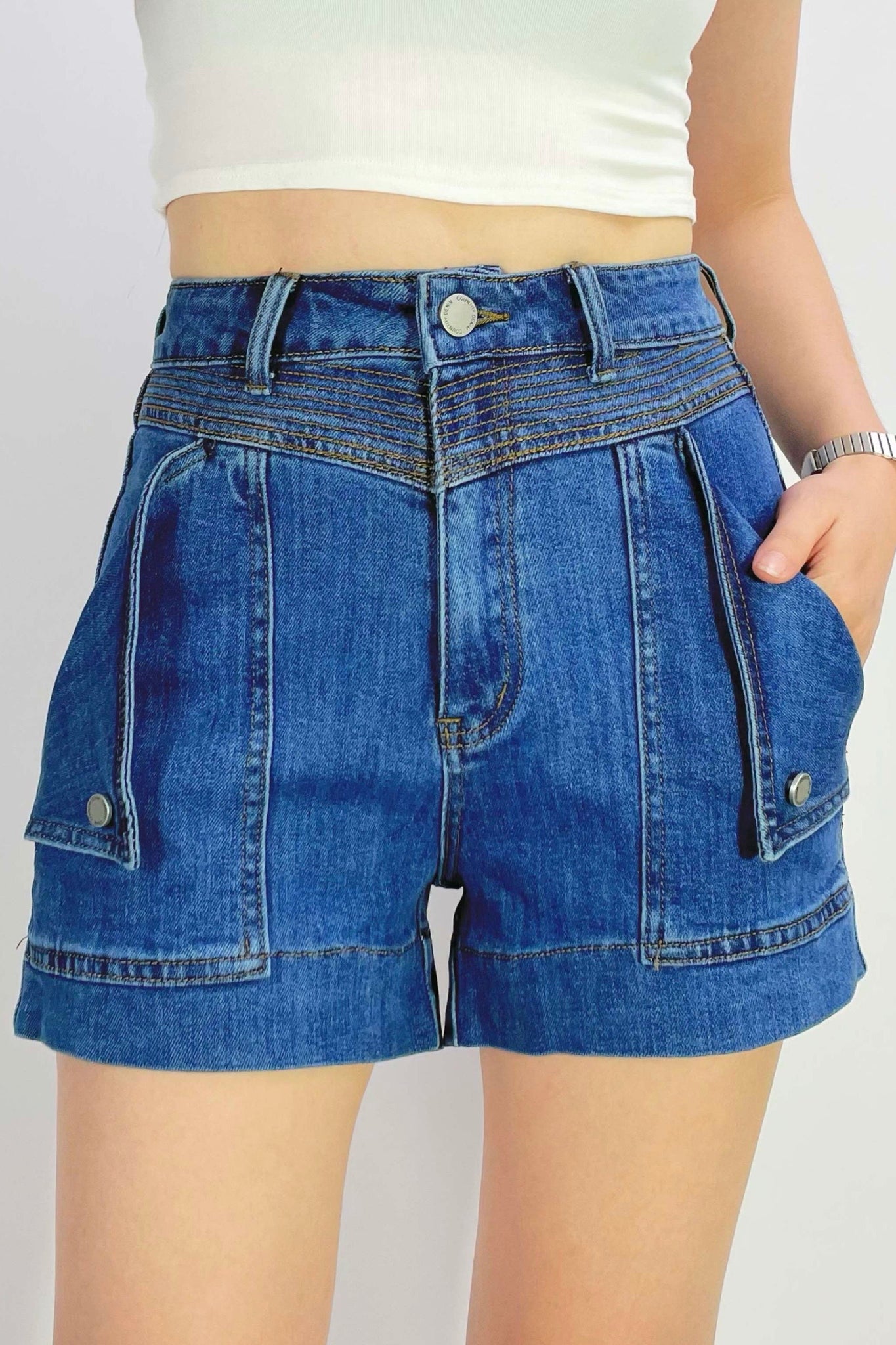Abbie Grace Contrast Stitch Short - Dark Blue Denim