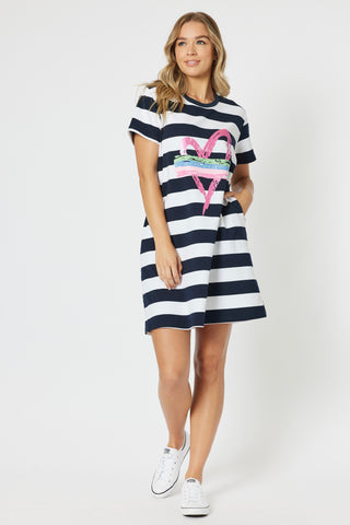 Pink Heart Stripe Dress - Navy/White