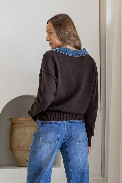 Suzanna Denim Collar Knit - Chocolate