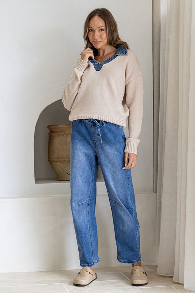 Suzanna Denim Collar Knit - Beige