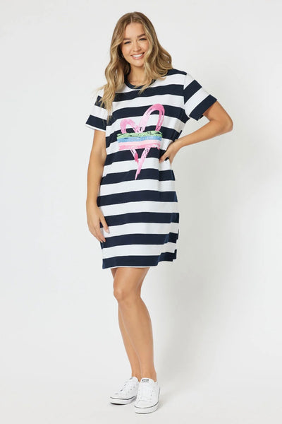 Pink Heart Stripe Dress - Navy/White