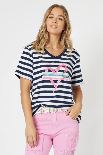 Heart Stripe Tee - Navy/White