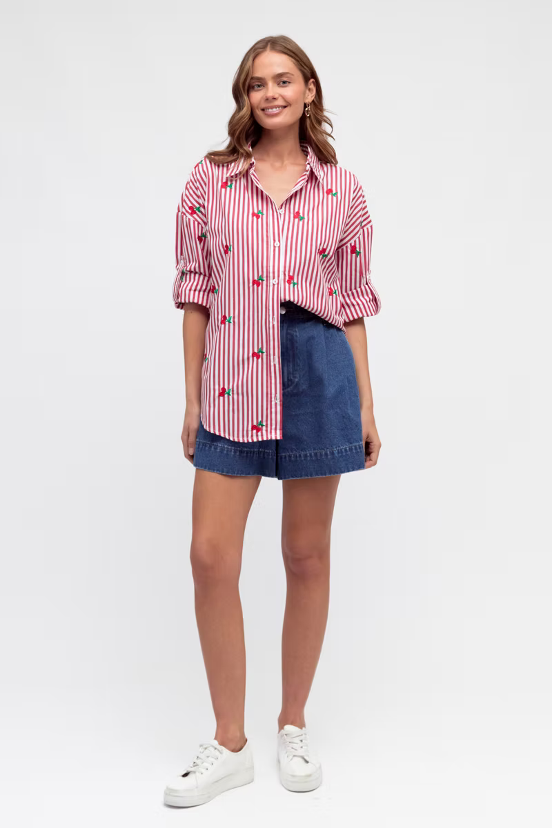 Cherry Embroidered Shirt - Red/White Stripe