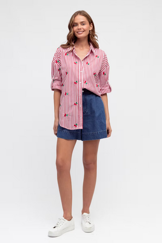 Cherry Embroidered Shirt - Red/White Stripe