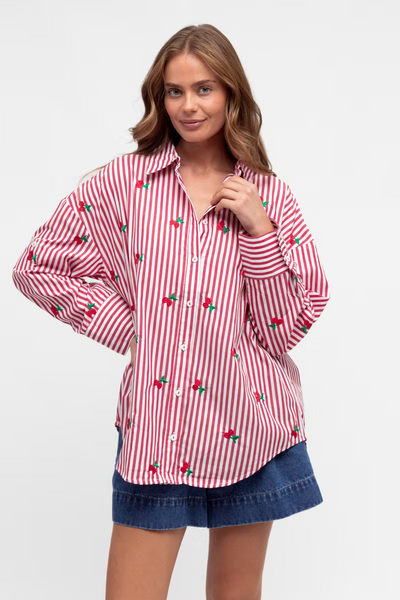 Cherry Embroidered Shirt - Red/White Stripe