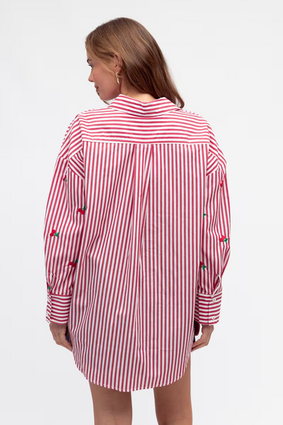 Cherry Embroidered Shirt - Red/White Stripe