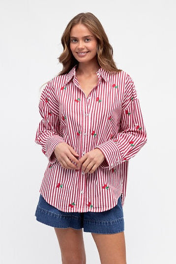 Cherry Embroidered Shirt - Red/White Stripe