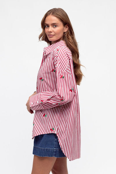 Cherry Embroidered Shirt - Red/White Stripe