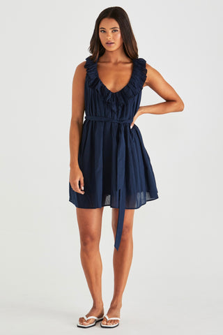 Belen Ruffled Neck Mini Dress - Navy