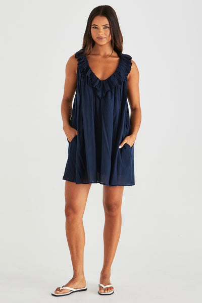 Belen Ruffled Neck Mini Dress - Navy