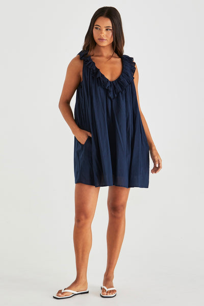 Belen Ruffled Neck Mini Dress - Navy