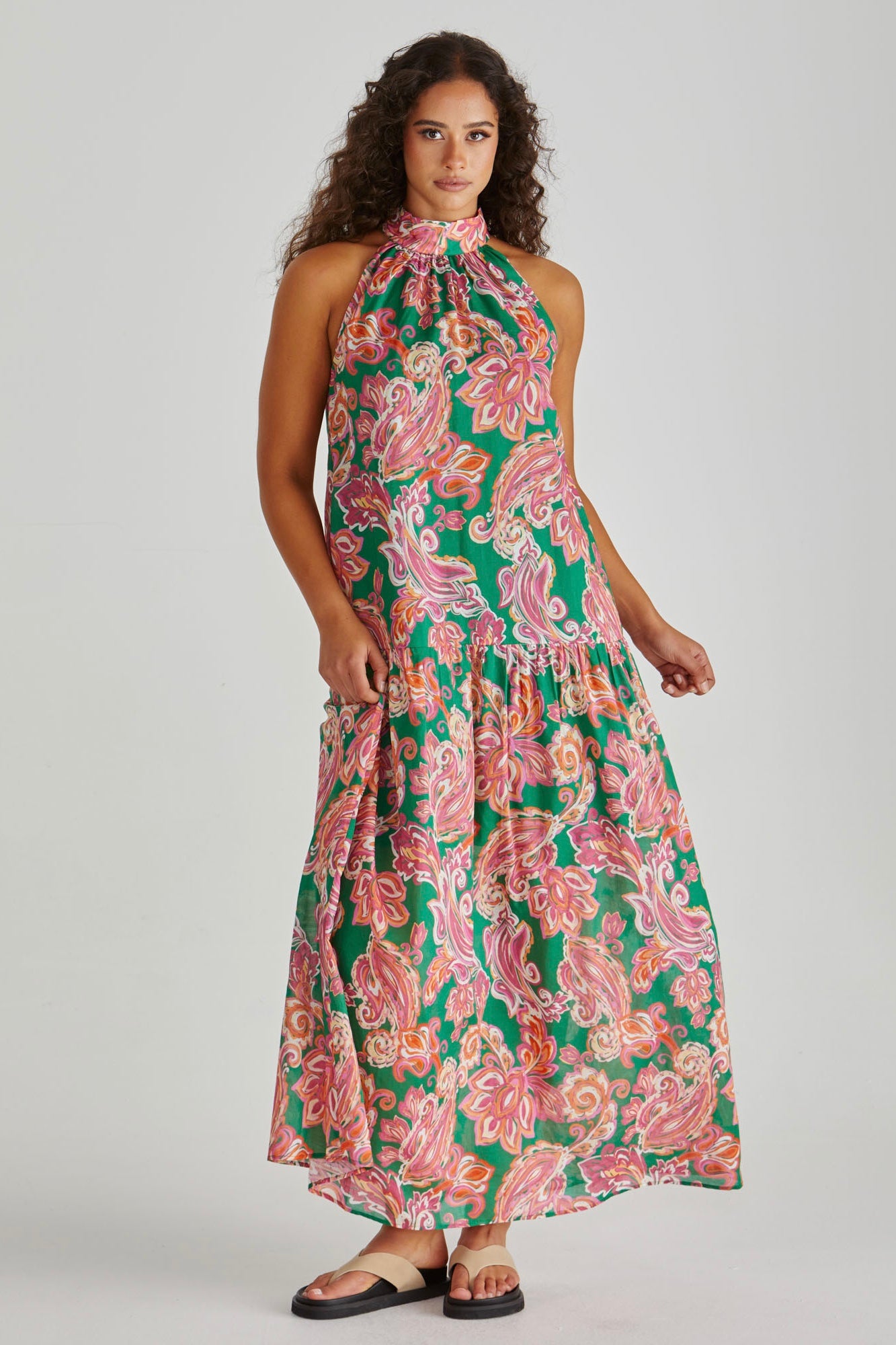 Malia Halter Dress - Pink Green Paisley