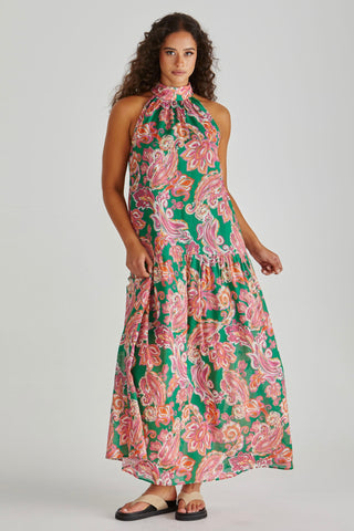 Malia Halter Dress - Pink Green Paisley