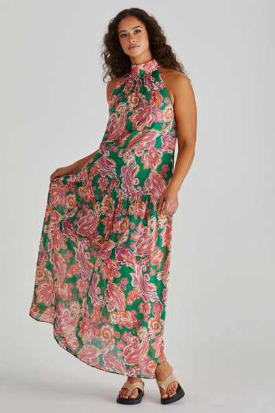 Malia Halter Dress - Pink Green Paisley