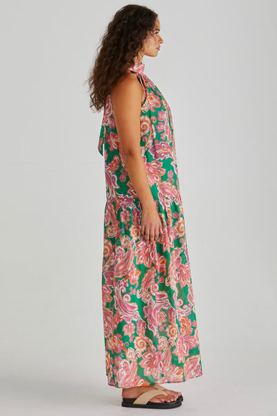 Malia Halter Dress - Pink Green Paisley